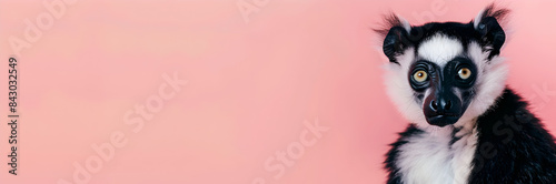 Indri web banner. Indri isolated on pink background with copy space.