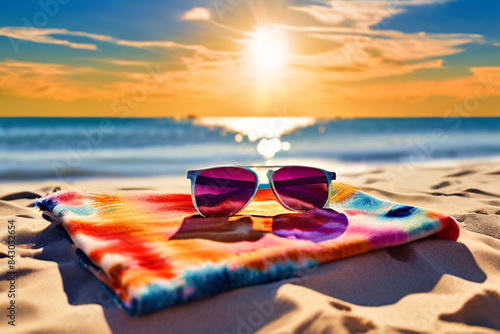 Tie-dye beach towel in vibrant colors sprawled on white sand, with sunglasses perched on top.