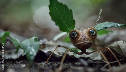 A macro shot of a tiny creature with large eyes and leaf-like ears. AI.