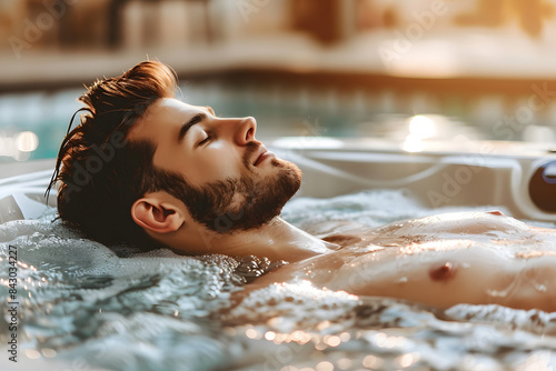 Man relaxing in a hot tub, eyes closed, enjoying the warm water and bubbles in a serene setting