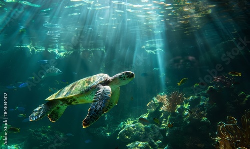 A green sea turtle swims gracefully through a coral reef, surrounded by colorful fish and sunlight. AI.