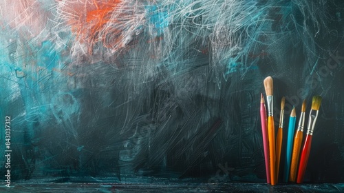 paint brushes and paint on a blackboard