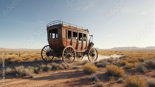 A weathered stagecoach races across the open plains, delivering precious cargo and tales of the Wild West, Generative AI