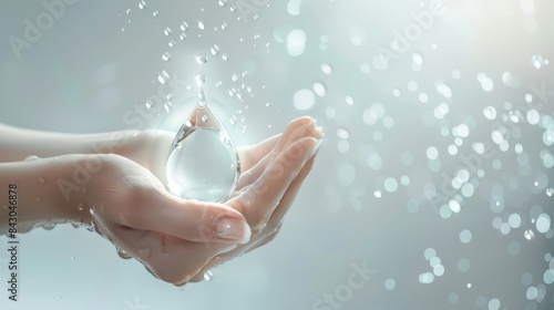 Delicate hands presenting a clear water drop, surrounded by soft splashes and droplets, minimalist and light background