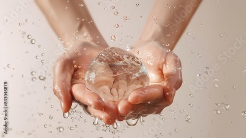 Delicate hands presenting a clear water drop, surrounded by soft splashes and droplets, minimalist and light background