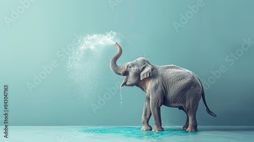  An elephant stands in a pool of water with its trunk lifted above its head