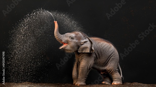  A baby elephant stands atop a mound of dirt, its trunk raised high