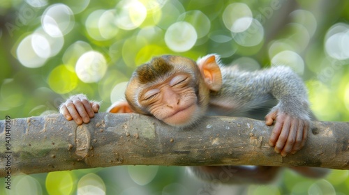  A baby monkey naps atop a tree branch, its head cradled by another branch, eyes closed