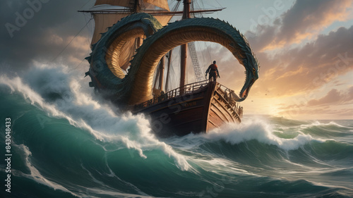 Amidst the crashing waves, a brave captain battles a giant sea serpent threatening his ship and crew, Generative AI