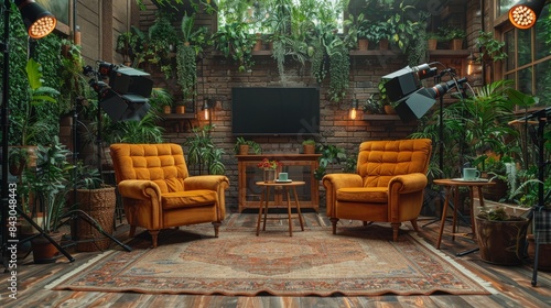 An inviting indoor interview or talk show set featuring two yellow armchairs, a variety of plants, and a blank TV screen