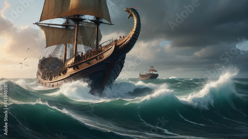 Amidst the crashing waves, a brave captain battles a giant sea serpent threatening his ship and crew, Generative AI
