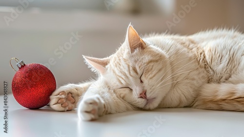  A cat naps beside a red ornament atop a white table, its head reclined against the ornament's side