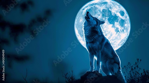 A wolf atop a hill gazes at the full moon, head turned sideways, eyes open, and mouth agape