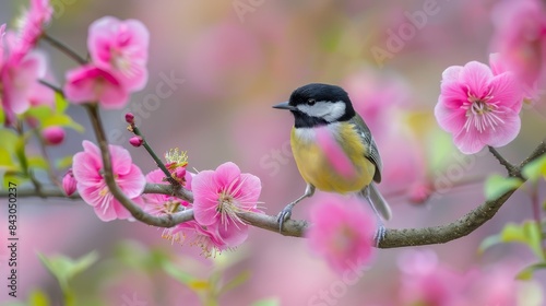  A small bird sits on a tree branch, surrounded by pink flowers in the foreground The background subtly features more pink flowers with a blurred effect