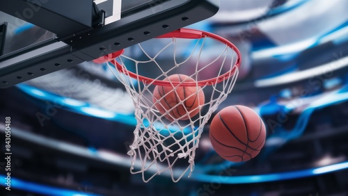 A basketballs are flying through the air and into a net, AI