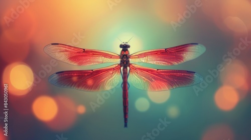  A red dragonfly sits atop a blue and yellow background, with bokeh emanating from its back wings