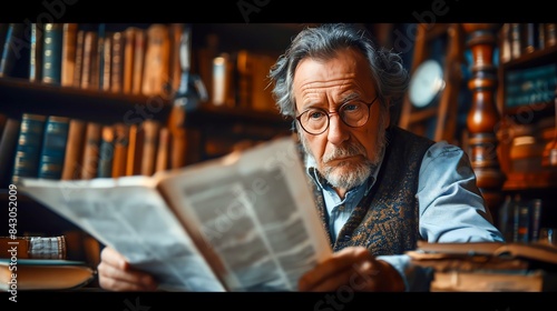An elderly man wearing glasses is reading a book in a library. He has a thoughtful expression on his face. The library is full of old books and has a warm, inviting atmosphere.