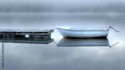  A white boat rests atop a body of water, near a small boathouse and dock Both structures are situated on the water's edge