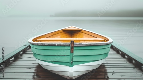  A green-and-white boat rests atop a weathered wooden dock, surrounded by fog near a body of water's midpoint