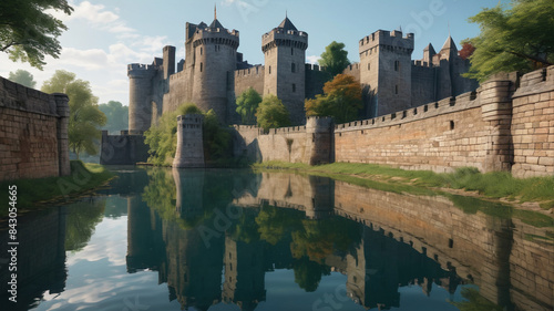 Nestled within the castle walls, the moat encircles the fortress with a tranquil water barrier, adding to its majestic allure, Generative AI