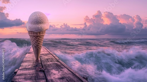 A serene scene of a solitary ice cream cone perched on a weathered wooden dock, with gentle waves lapping at its base and a pastel sunset painting the sky in shades of peach and lavender, 