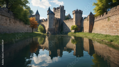 Nestled within the castle walls, the moat encircles the fortress with a tranquil water barrier, adding to its majestic allure, Generative AI