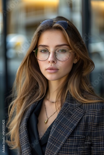 Stylish Young Woman Wearing Glasses and Plaid Blazer in Urban Setting