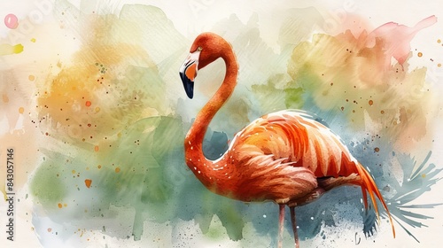 A watercolor painting of a pink flamingo. The flamingo is standing in a blue pond surrounded by green leaves. The flamingo is looking at the viewer.