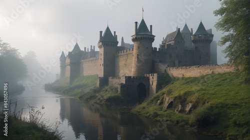 Surrounded by a dense fog, the castle's moat becomes an impenetrable barrier, hiding the fortress from prying eyes, Generative AI