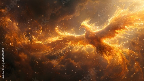 Wallpaper Background, A mythical phoenix spreads its wings, ascending into the celestial realm, its fiery feathers leaving trails of stardust behind., Surrealism