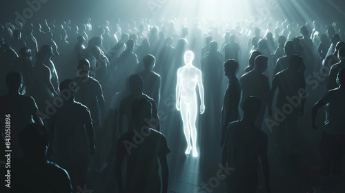 A shining, radiant figure stands out in a crowded, dimly lit space