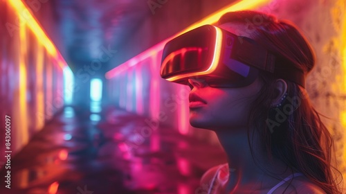 A faceless individual experiences virtual reality in a bright neon-lit corridor