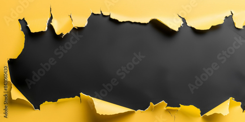 Top view of yellow torn paper revealing a black background, creating a dramatic contrast. Ideal for announcements, promotions, and advertisements requiring a bold visual impact.