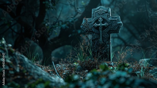 Gothic Cross Tombstone in Haunted Forest