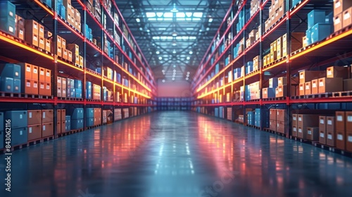 This image captures the neat and orderly warehouse aisles brightly illuminated, with shelving stocked with goods, giving a sense of industrial organization