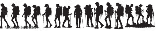 vector set of people hiking in silhouette style