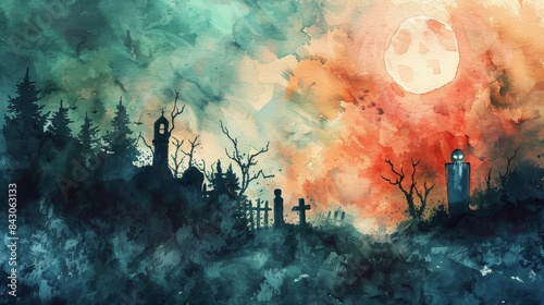Haunted Cemetery with Full Moon