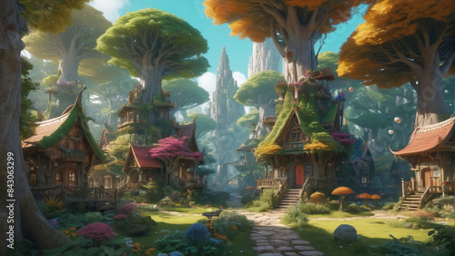 Among the towering trees, the elf village stands as a testament to creativity, with each dwelling boasting a unique color palette inspired by the natural world, Generative AI