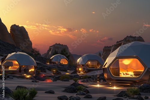 A futuristic glamping site in a rocky desert landscape at sunset, with sleek, modern dome tents featuring panoramic windows, ambient lighting, and luxurious interiors.