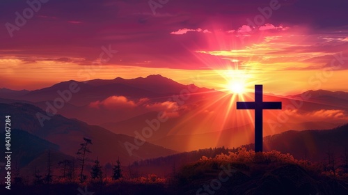 Holy Mountain: Silhouette Cross on Sunset Background Symbolizing Hope and Devotion