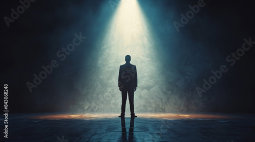 Silhouette of a man standing alone under a beam of light in a dimly lit space