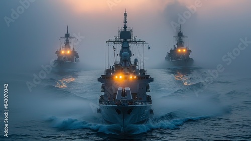 A fleet of ships sails through misty waters, illuminated by subdued lighting in a serene twilight atmosphere