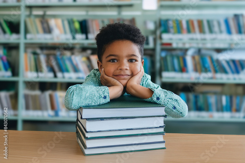 Little African American boy at the library, resting on a stack of books, with his chin in his hands. Early education and learning concept.
