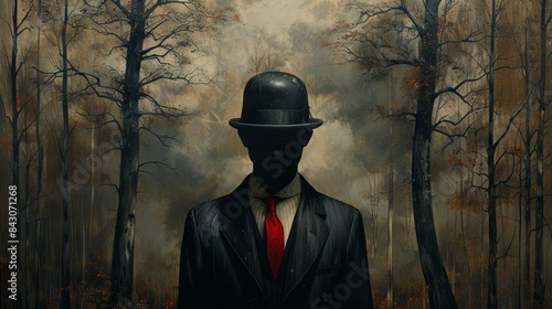 A surreal painting featuring a man with a bowler hat instead of a head, set in a dark, eerie forest