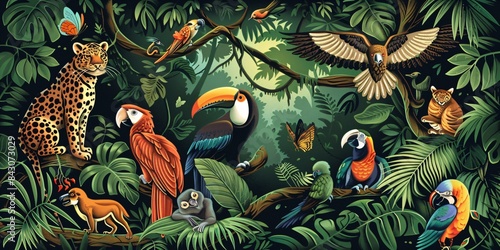 Illustration of the tropical rainforest flora and fauna