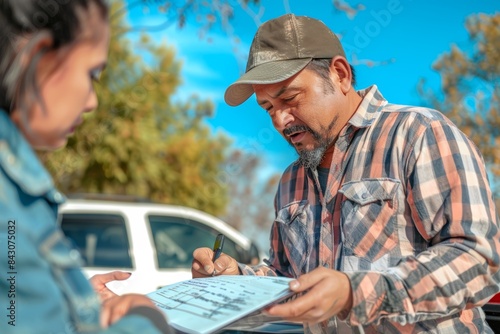 Customer Signing Roadside Assistance Report with Technician Explaining Work Done Outdoors