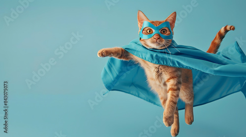 superhero cat, Cute orange tabby kitty with a blue cloak and mask jumping and flying on light blue background with copy space. The concept of a superhero, super cat, leader, funny animal studio shot.