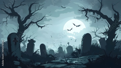 Eerie graveyard at night with bats casting haunting shadows over ancient tombstones