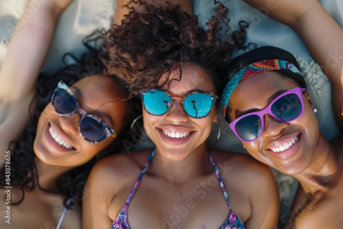 overhead view of a group of happy female friends relaxing on a beach together