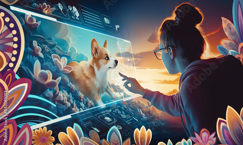 Digital canine companion: a girl interacring with a futuristic interface for pet. Perfect for tech companies, pet cares innovations, artistic presentations, tech blogs, digital marketing materials. 